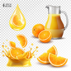 Vector realistic oranges set isolated on white background. Freshly squeezed juice in glass jug. Natural citrus fruits. Transparent orange juice splash. Food illustration, packaging design element