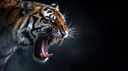 Roaring tiger close up on dark background