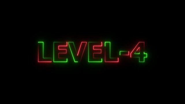 Level four text font with neon light. Level 4 neon sign. glowing letters spelling out level 4 appear on screen 4k video