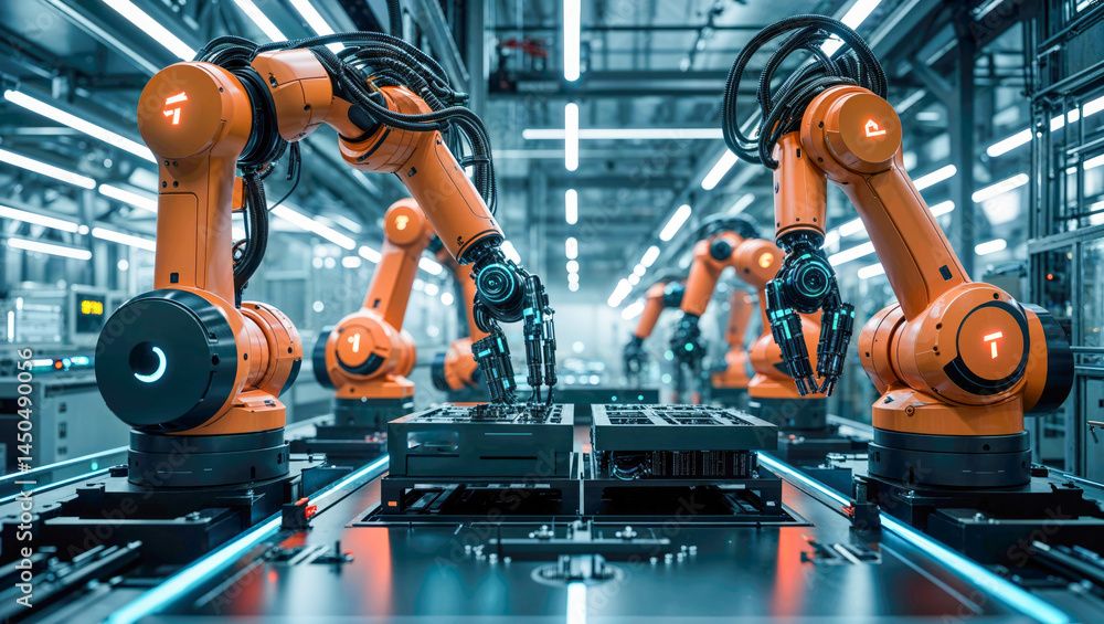 Poster robotic arms working in synchronization on a high-tech assembly line inside a futuristic smart facto