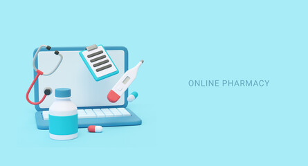 Online pharmacy concept 3D illustration. Medical equipment, Medicine, Pharmacy, Healthcare template