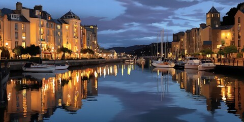 European city harbor at dusk with illuminated buildings and boats reflected in the water