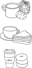 Hand drawn drink and snack set. Coffee, tea, cookies, cake, and donuts sketch. Vector illustration.