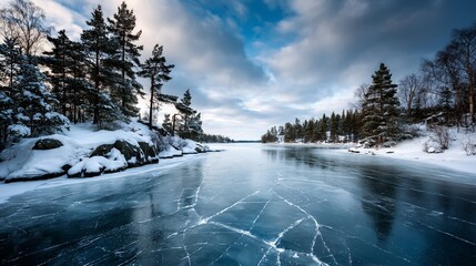 Frozen lake landscape, winter scenery, snow-covered shoreline, serene nature scene, suitable for wallpaper or desktop background