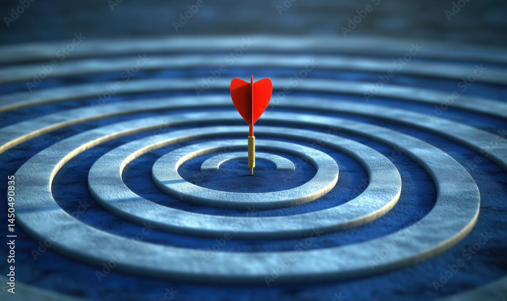 Poster red heart dart hitting target in concentric circles symbolizing love and precision.