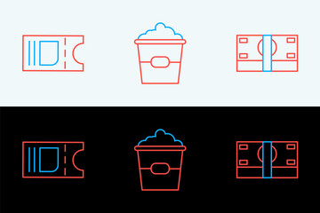 Set line Stacks paper money cash, Cinema ticket and Popcorn box icon. Vector