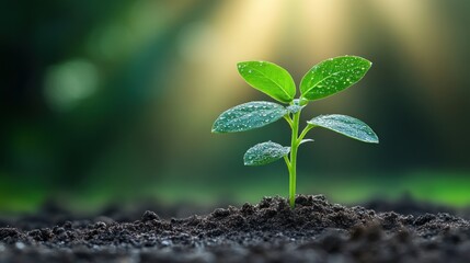 Sprout emerging from dark soil, glistening with morning dew