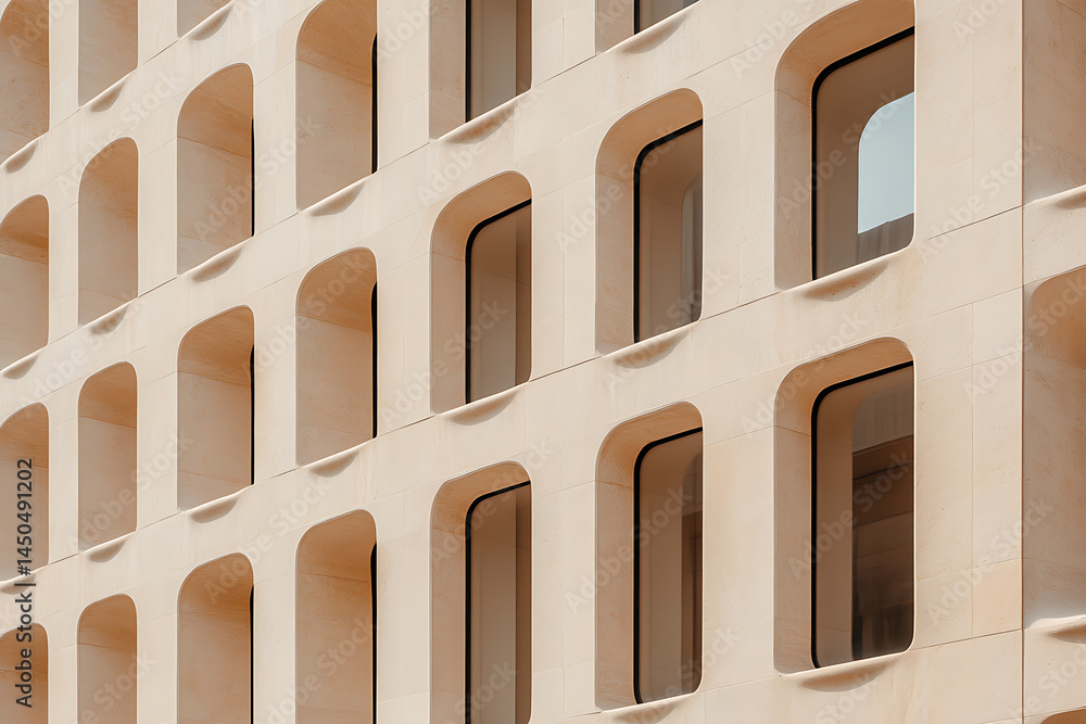 Poster architectural harmony: rows of uniform arched windows create a mesmerizing pattern on a building's f