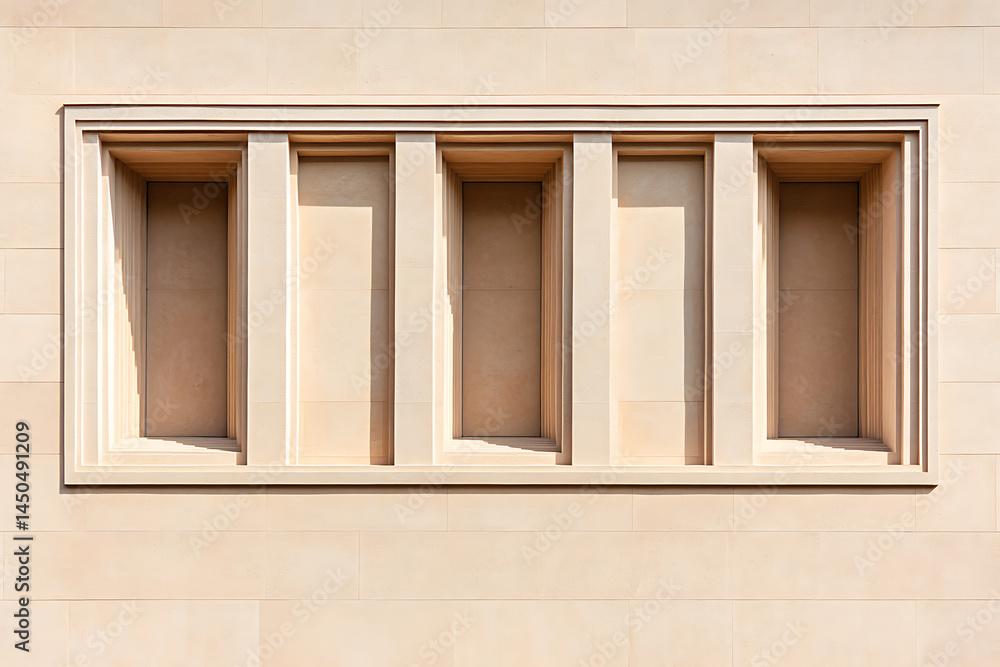 Poster architectural window detail with symmetrical columns and recessed openings on a textured wall. warm 
