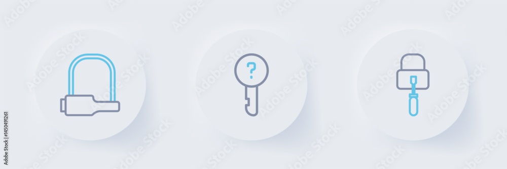 Poster set line lock picks for lock picking, undefined key and bicycle icon. vector