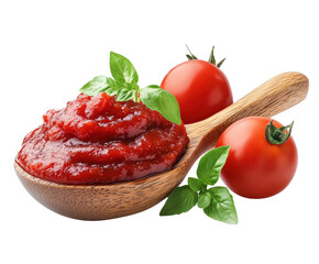 Delicious tomato sauce preparation with fresh basil and tomatoes kitchen food isolated on transparent background