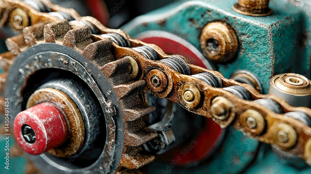 Poster wet gears and chain system of an engine in extreme close-up, showing mechanical texture, metallic st