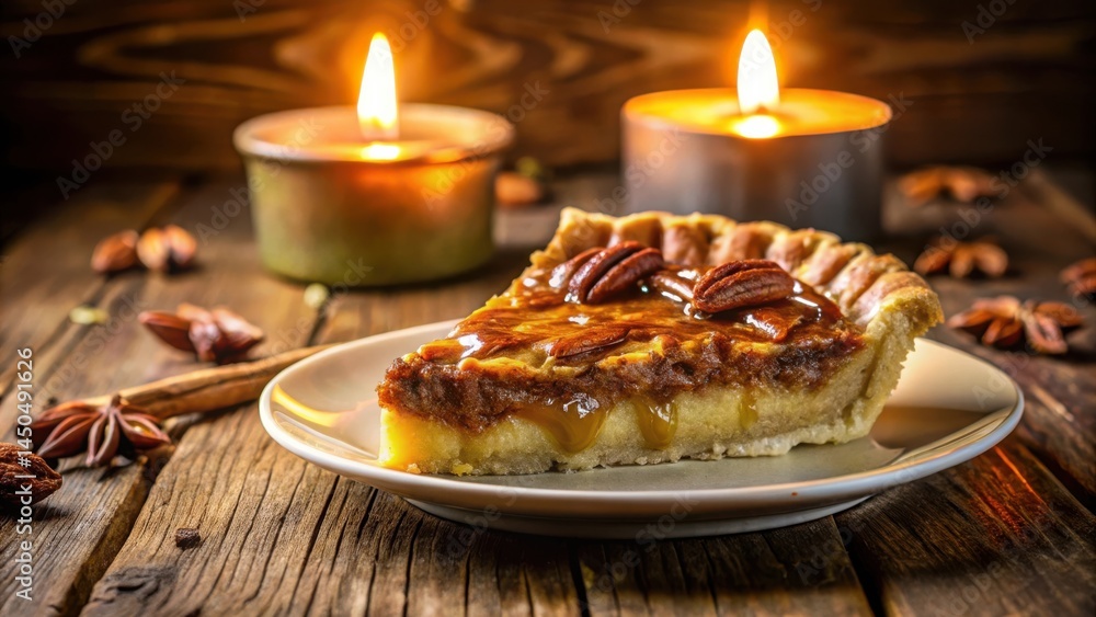 Poster a slice of pecan pie with a caramel drizzle, nestled on a white plate, illuminated by flickering can