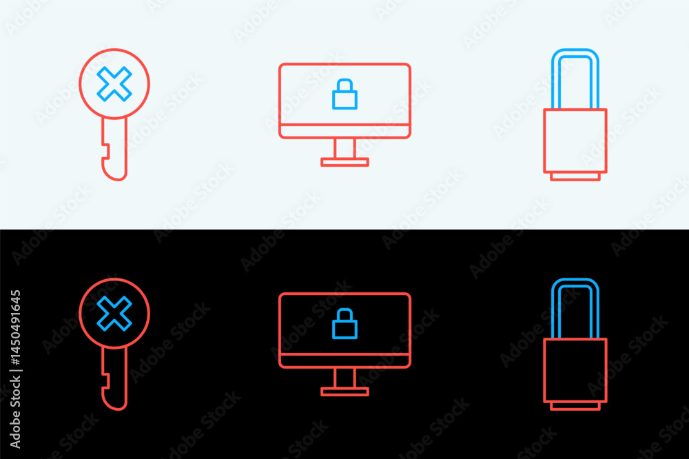 Poster set line lock, wrong key and computer monitor icon. vector