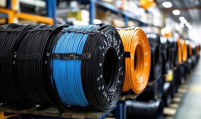 Fototapeta premium Colorful coils of electrical cables in warehouse storage for industrial use.