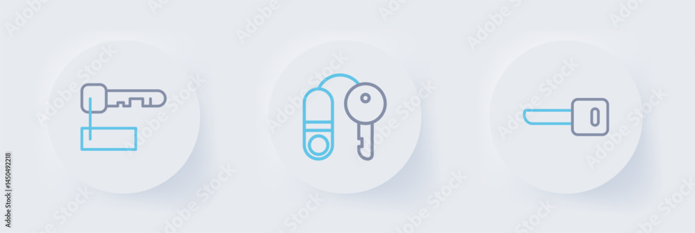Poster set line key, house with key and marked icon. vector