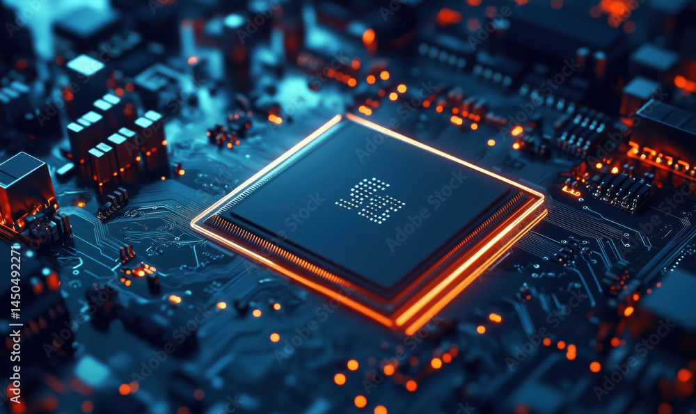 Poster close-up of a modern microprocessor on a circuit board with glowing elements.