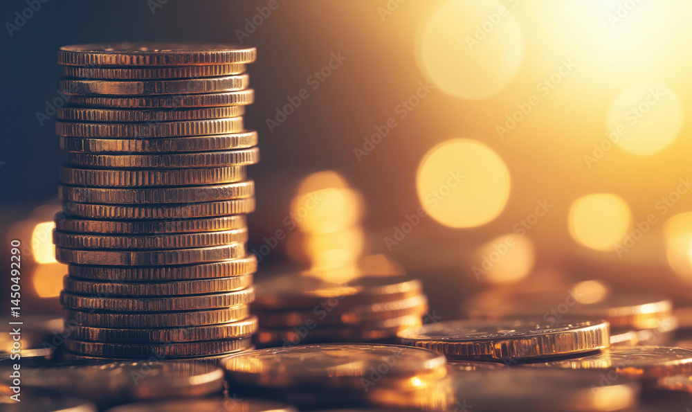 Poster stack of coins with warm bokeh background representing wealth and financial growth.