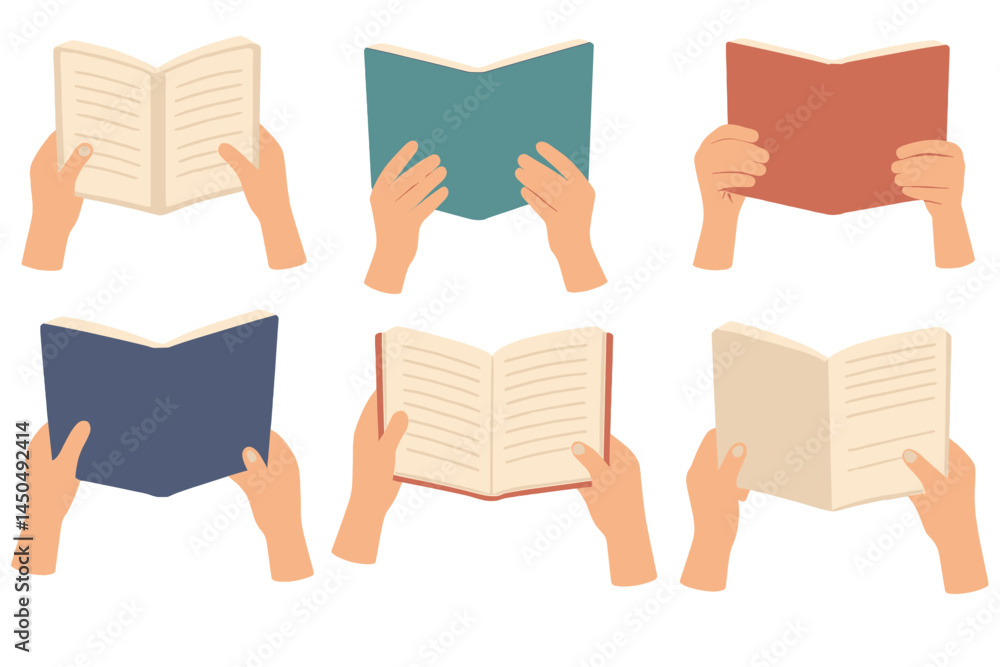 Poster multiple hands holding open books showcasing reading activity in a flat vector illustration style