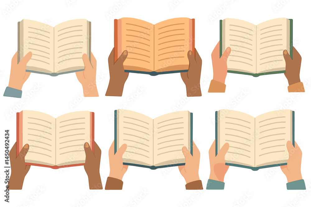 Poster collection of flat vector illustrations showing hands holding open books in different colors and sty
