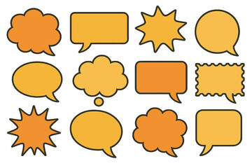 Colorful flat vector illustration of various speech and thought bubbles in orange tones for creative communication and design needs
