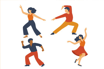 Dynamic dancers expressing creativity through movement in a vibrant flat vector illustration