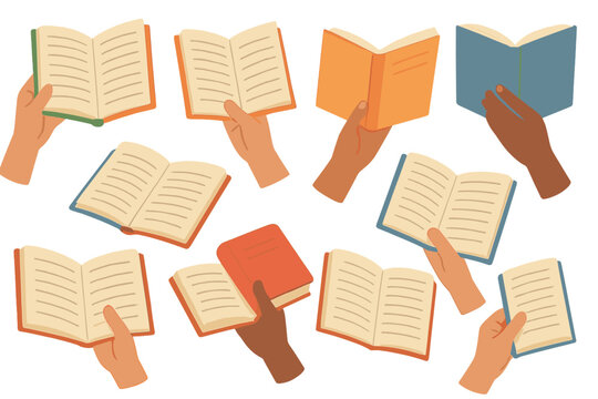 Multiple hands holding open books in a flat vector illustration showcasing diverse individuals reading indoors