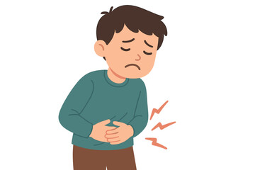 Child experiencing stomach pain while holding his abdomen in a flat vector illustration