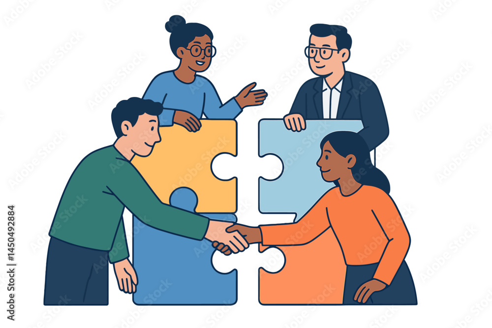 Poster collaborative teamwork in progress with diverse individuals completing a puzzle during a brainstormi