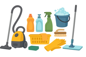 Cleaning supplies arranged for home tidying with vacuum cleaner, sponges, and detergents for effective chores