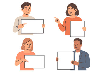 Group of four diverse people holding blank signs in a flat vector illustration for communication and marketing purposes