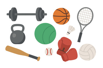 Collection of sports equipment including weights, balls, and rackets spread on a flat surface