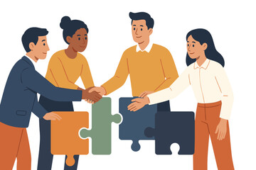 Team collaboration in a flat vector illustration showing four individuals working together to fit puzzle pieces during a brainstorming session