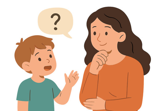 Child engages in conversation with adult in a flat vector illustration depicting curiosity and learning