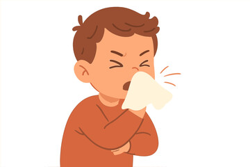 Child sneezing and using tissue in flat vector illustration showing common cold symptoms and home remedy actions