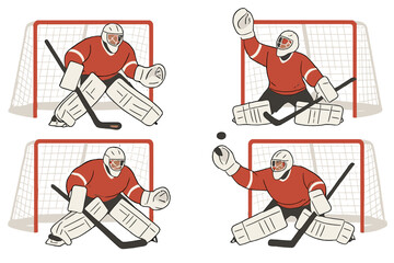Goalkeeper in red uniform making saves during a hockey match in a flat vector illustration style