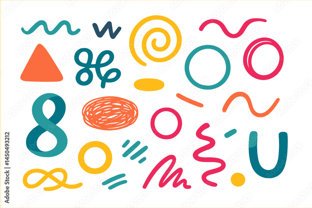 Poster colorful geometric shapes and patterns create a playful flat vector illustration for creative design
