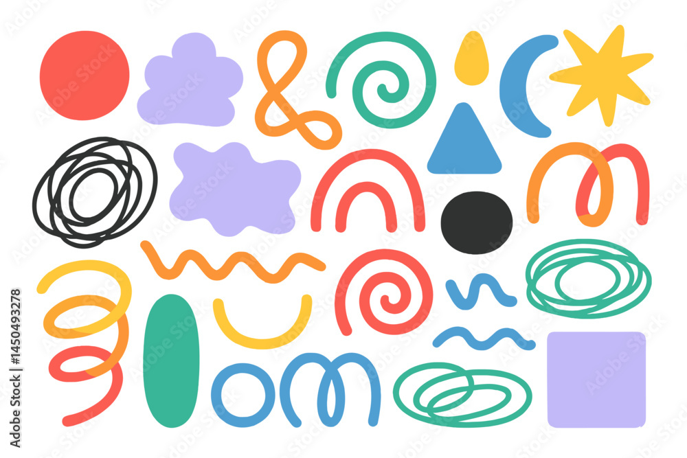 Poster colorful flat vector illustration featuring abstract shapes and patterns on a white background