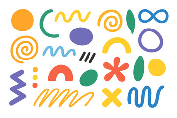 This artwork displays a lively arrangement of colorful abstract shapes and patterns