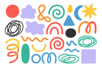 Colorful flat vector illustration featuring abstract shapes and patterns on a white background