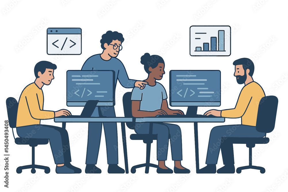 Poster collaboration among teammates in a modern workspace during a coding session in tech startup at dayti