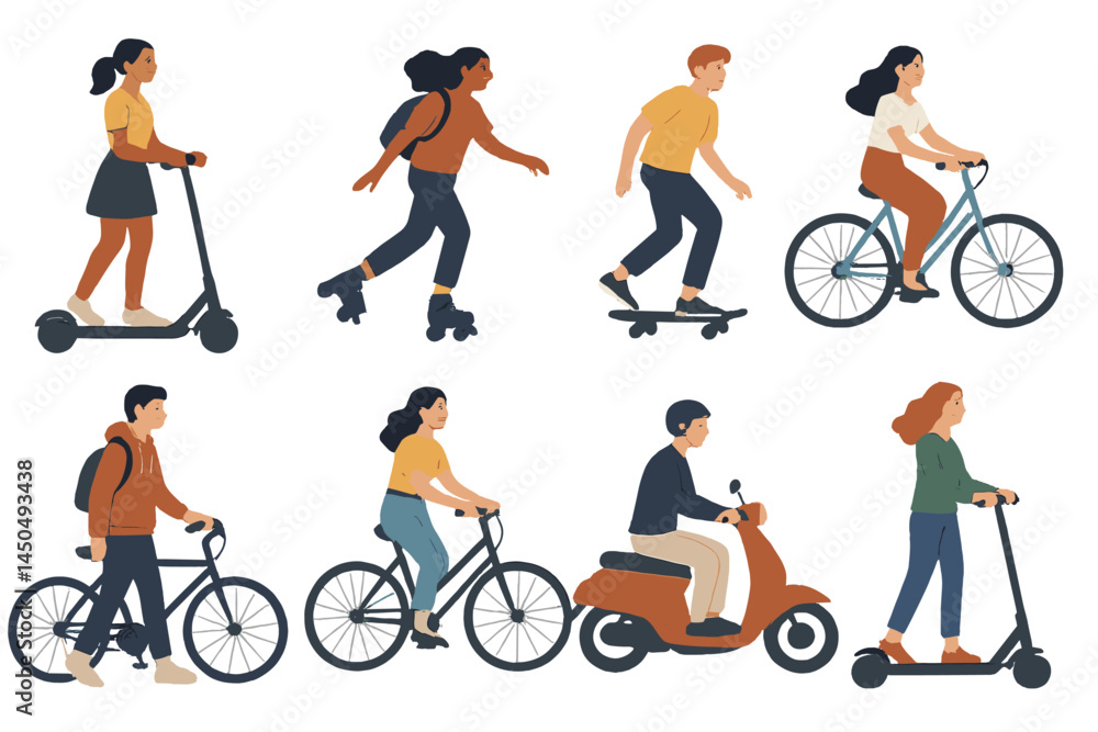Poster flat vector illustration of diverse people using various modes of transport in a vibrant urban setti