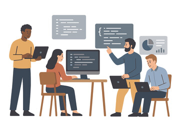 Team collaboration in a modern workspace with diverse individuals discussing programming concepts