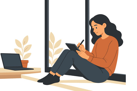 Young woman writing notes while sitting by a large window in a cozy indoor space