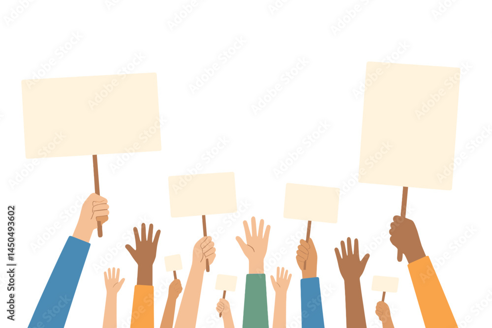 Poster hands raised with blank placards signaling unity and support during a peaceful demonstration or rall