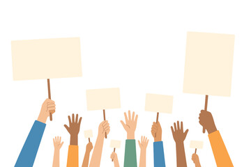 Hands raised with blank placards signaling unity and support during a peaceful demonstration or rally