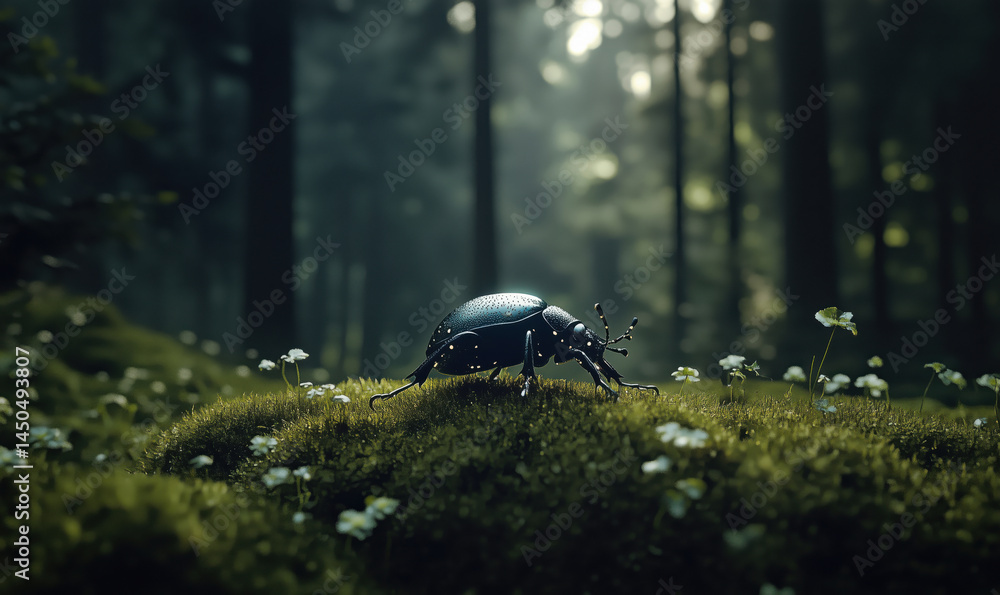 Poster close-up of a beetle on moss in a misty forest setting with soft lighting.
