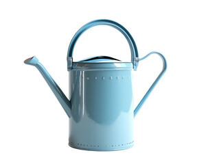 Watering plants with blue metal watering can in a garden creative bright light isolated on transparent background