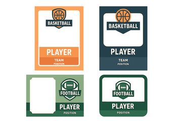 Flat vector illustration of sports player cards for basketball and football showcasing player positions and team information