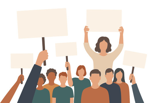 People holding blank signs in a flat vector illustration about activism and social movements in a public gathering
